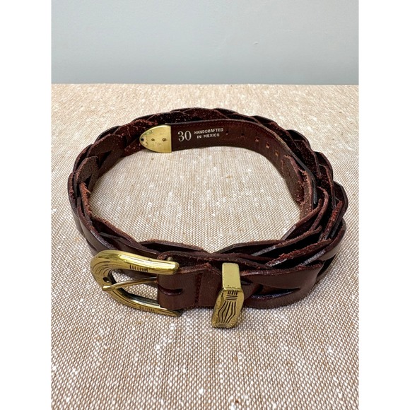 Unbranded Accessories - Vintage Braided Brown Leather Belt Handcrafted Mexico Brass Hardware 33in